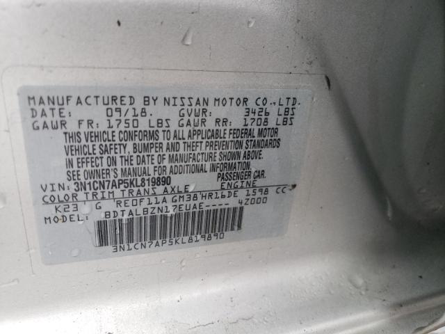 3N1CN7AP5KL819890 - 2019 NISSAN VERSA S SILVER photo 13