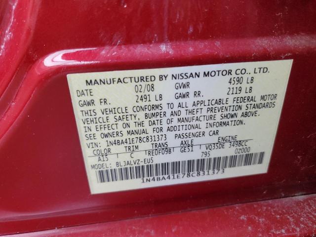 1N4BA41E78C831373 - 2008 NISSAN MAXIMA SE RED photo 12