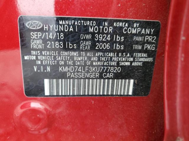 KMHD74LF3KU777820 - 2019 HYUNDAI ELANTRA SE RED photo 12