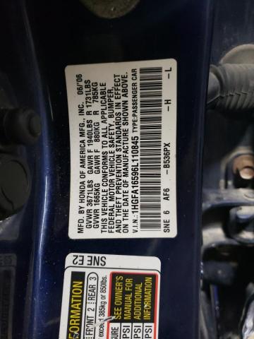 1HGFA16596L110845 - 2006 HONDA CIVIC LX BLUE photo 12