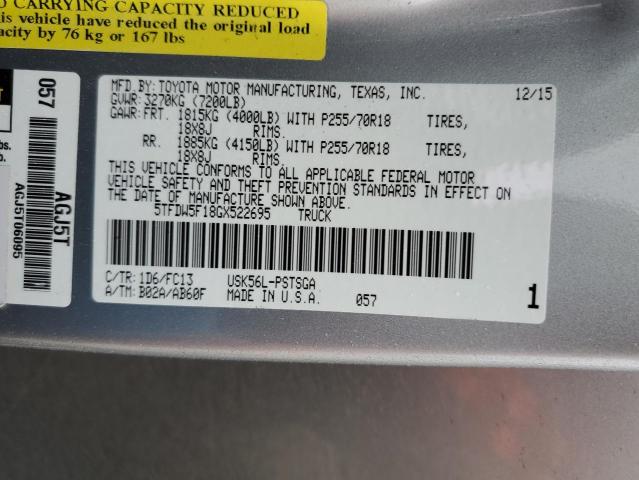 5TFDW5F18GX522695 - 2016 TOYOTA TUNDRA CREWMAX SR5 SILVER photo 12