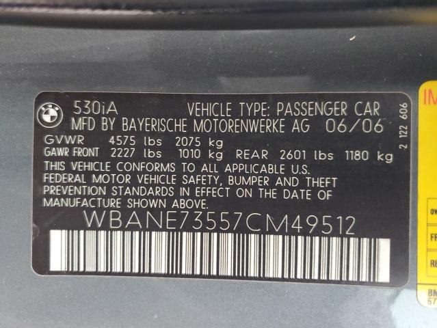 WBANE73557CM49512 - 2007 BMW 530 I GRAY photo 12