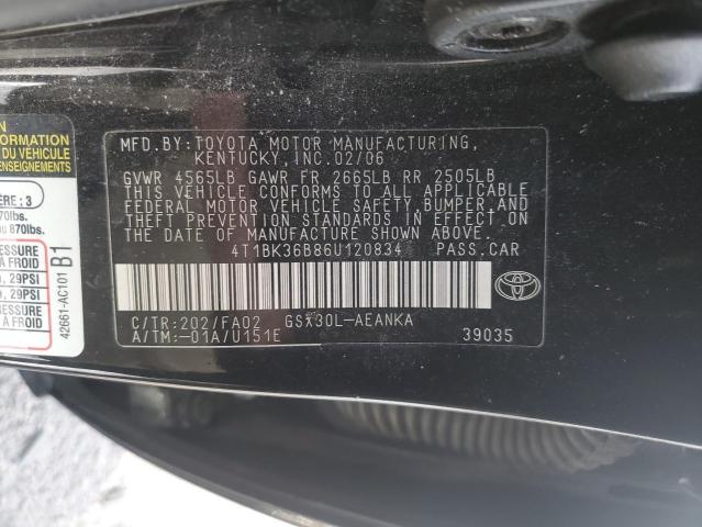 4T1BK36B86U120834 - 2006 TOYOTA AVALON XL BLACK photo 12