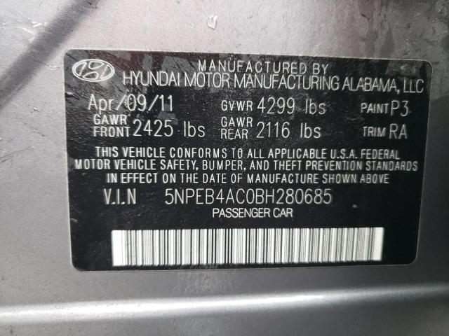 5NPEB4AC0BH280685 - 2011 HYUNDAI SONATA GLS GRAY photo 12