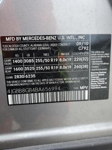 4JGBB8GB4BA656994 - 2011 MERCEDES-BENZ ML 350 4MATIC GRAY photo 12