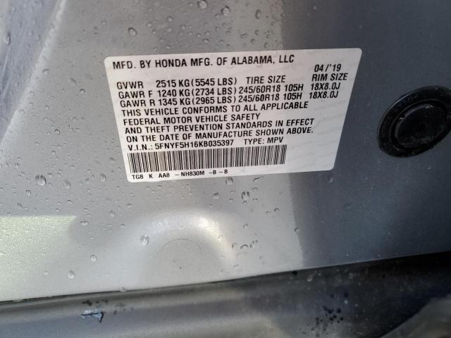 5FNYF5H16KB035397 - 2019 HONDA PILOT LX SILVER photo 12