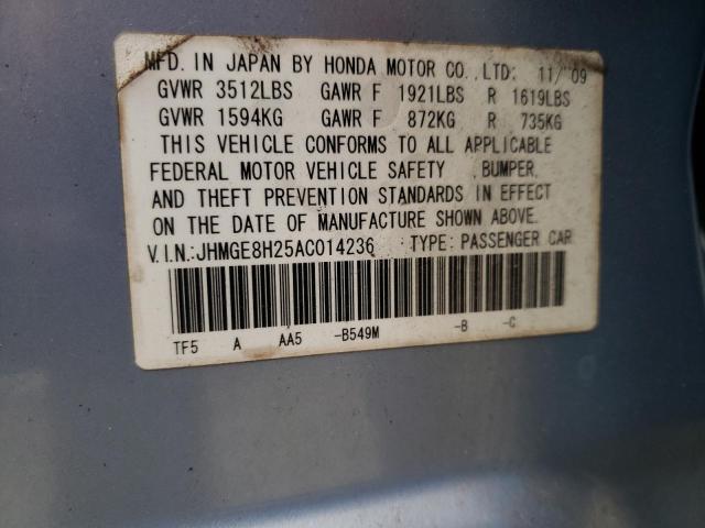 JHMGE8H25AC014236 - 2010 HONDA FIT BLUE photo 12