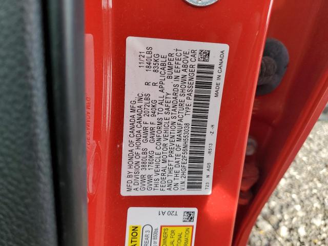 2HGFE2F56NH553038 - 2022 HONDA CIVIC SPORT RED photo 12