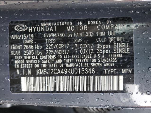 KM8J2CA49KU015346 - 2019 HYUNDAI TUCSON SE BLUE photo 12