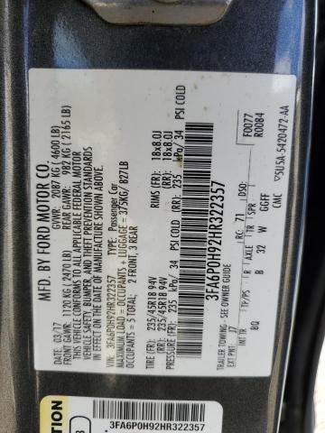 3FA6P0H92HR322357 - 2017 FORD FUSION SE GRAY photo 12