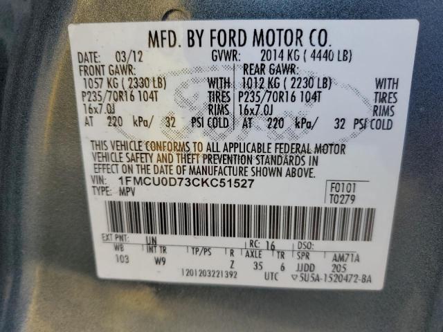 1FMCU0D73CKC51527 - 2012 FORD ESCAPE XLT BLUE photo 12