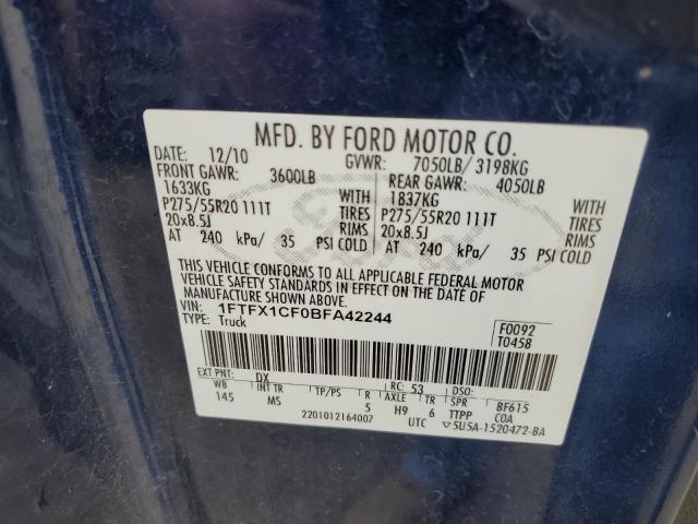 1FTFX1CF0BFA42244 - 2011 FORD F150 SUPER CAB BLUE photo 12