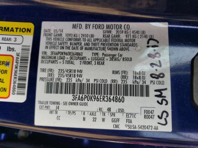 3FA6P0K96ER364860 - 2014 FORD FUSION TITANIUM BLUE photo 12