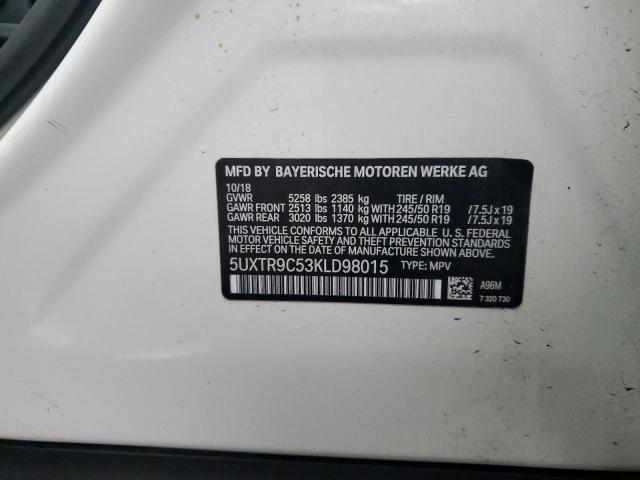 5UXTR9C53KLD98015 - 2019 BMW X3 XDRIVE30I WHITE photo 12