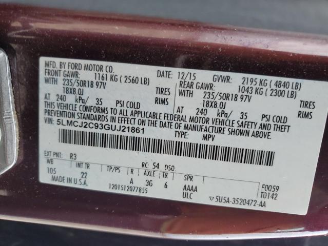 5LMCJ2C93GUJ21861 - 2016 LINCOLN MKC SELECT 红色 照片 12