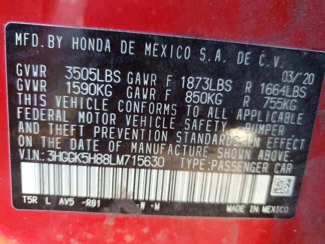 3HGGK5H88LM715630 - 2020 HONDA FIT EX RED photo 12