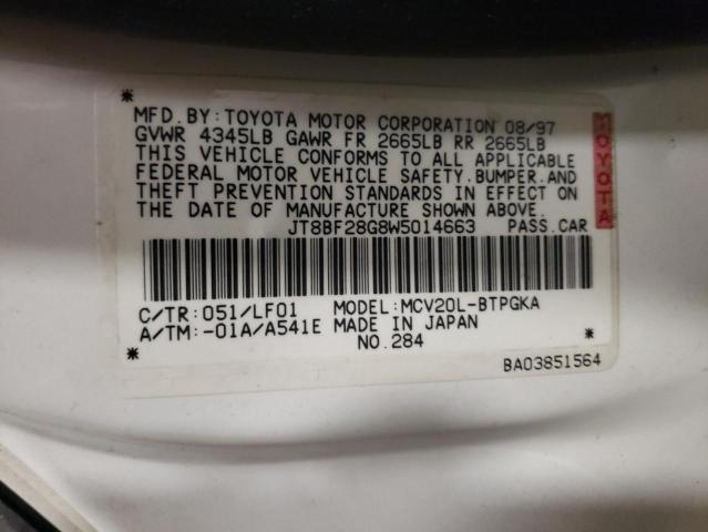 JT8BF28G8W5014663 - 1998 LEXUS ES 300 WHITE photo 12