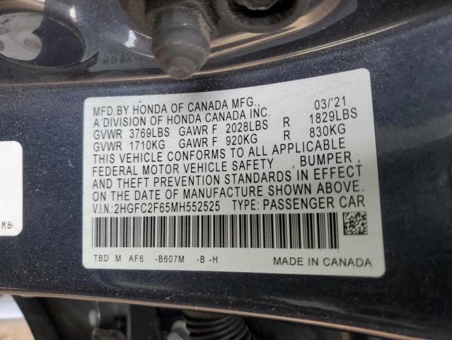 2HGFC2F65MH552525 - 2021 HONDA CIVIC LX GRAY photo 12