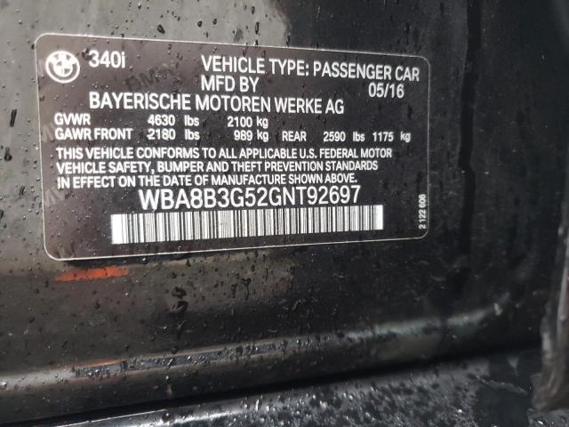 WBA8B3G52GNT92697 - 2016 BMW 340 I BLACK photo 12