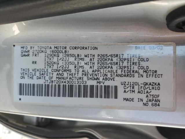 JTJBT20X430013103 - 2003 LEXUS GX 470 SILVER photo 13