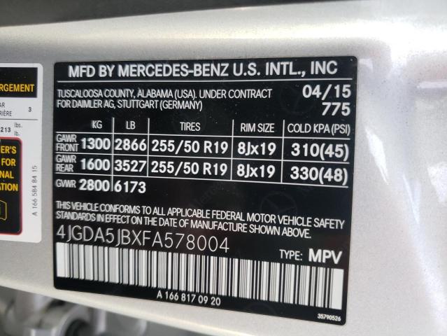 4JGDA5JBXFA578004 - 2015 MERCEDES-BENZ ML 350 SILVER photo 13