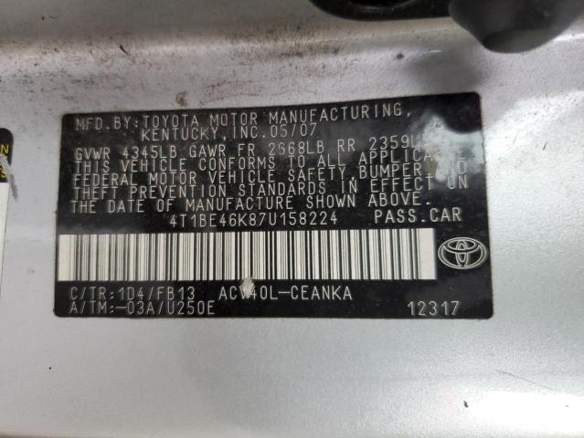 4T1BE46K87U158224 - 2007 TOYOTA CAMRY CE SILVER photo 12