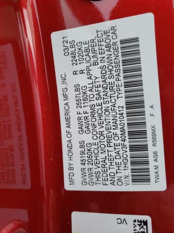 1HGCV3F40MA010412 - 2021 HONDA ACCORD HYBRID EX RED photo 12