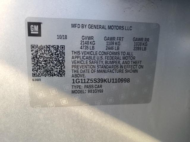 1G11Z5S39KU110998 - 2019 CHEVROLET IMPALA LT SILVER photo 12