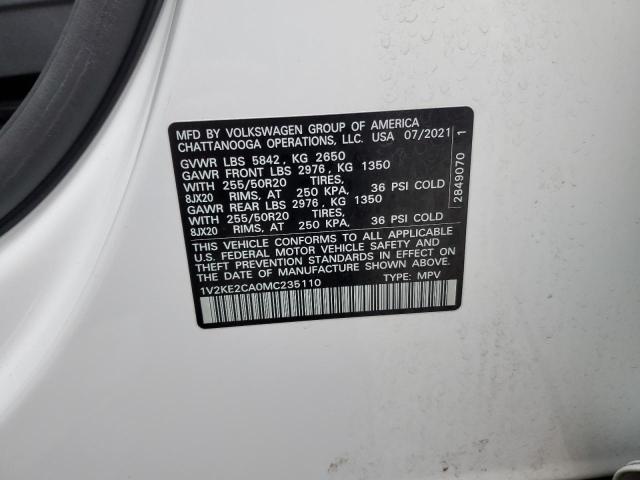 1V2KE2CA0MC235110 - 2021 VOLKSWAGEN ATLAS CROS SE Белый фото 13