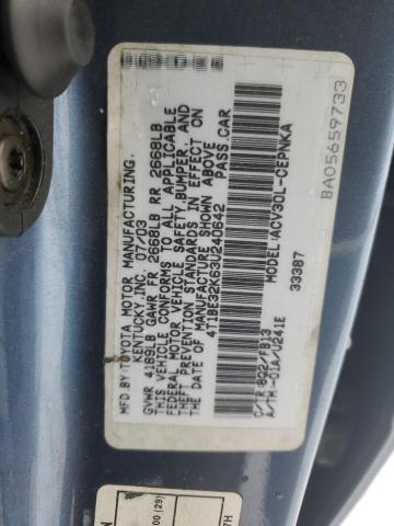 4T1BE32K63U240642 - 2003 TOYOTA CAMRY LE BLUE photo 12