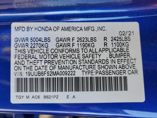 19UUB6F52MA009222 - 2021 ACURA TLX TECH A BLUE photo 12