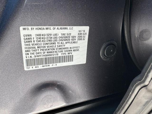 5FNYF7H58KB012170 - 2019 HONDA PASSPORT EXL GRAY photo 10