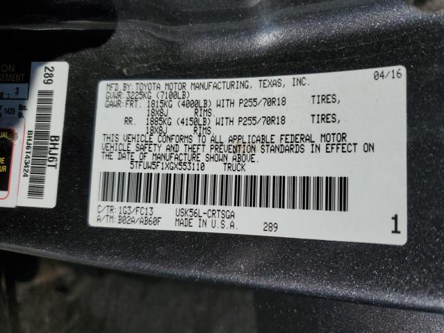 5TFUW5F1XGX553110 - 2016 TOYOTA TUNDRA DOUBLE CAB SR/SR5 GRAY photo 12
