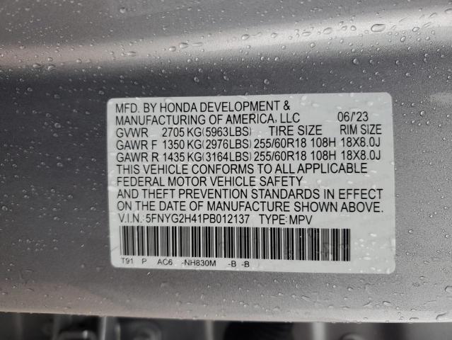 5FNYG2H41PB012137 - 2023 HONDA PILOT EXL SILVER photo 12