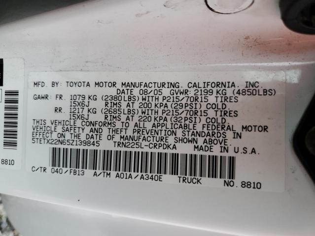 5TETX22N65Z139845 - 2005 TOYOTA TACOMA ACCESS CAB თეთრი ფოტო 12