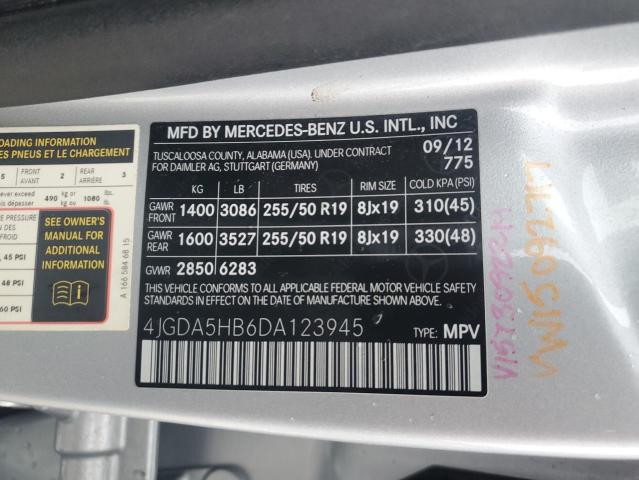 4JGDA5HB6DA123945 - 2013 MERCEDES-BENZ ML 350 4MATIC SILVER photo 12