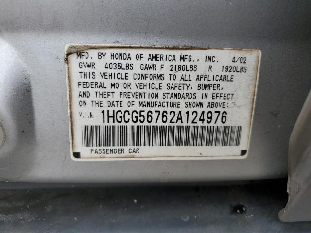 1HGCG56762A124976 - 2002 HONDA ACCORD SE SILVER photo 12