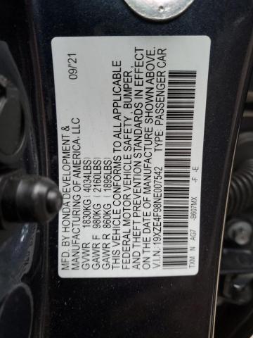 19XZE4F98NE007542 - 2022 HONDA INSIGHT TOURING BLUE photo 12