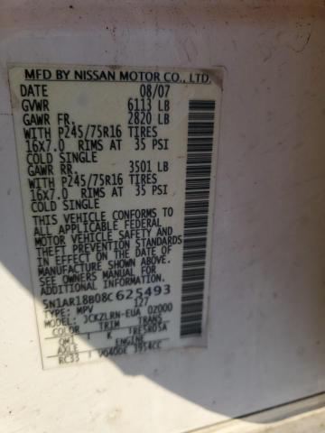 5N1AR18B08C625493 - 2008 NISSAN PATHFINDER S WHITE photo 14