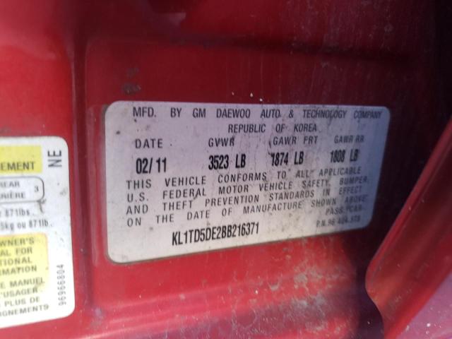 KL1TD5DE2BB216371 - 2011 CHEVROLET AVEO LS 红色 照片 12