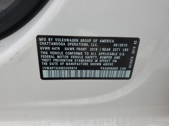 1VWAP7A33EC020974 - 2014 VOLKSWAGEN PASSAT S WHITE photo 12