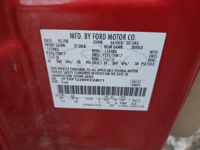 1FTRF12288KE24911 - 2008 FORD F150 RED photo 12