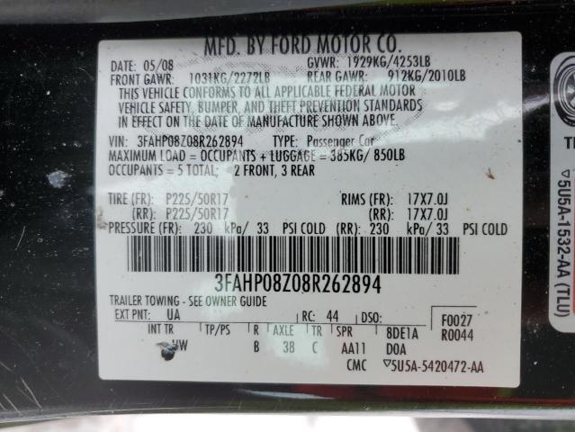 3FAHP08Z08R262894 - 2008 FORD FUSION SEL BLACK photo 12