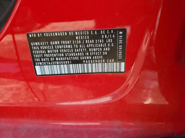 3VW2K7AJ2FM350851 - 2015 VOLKSWAGEN JETTA BASE 红色 照片 12