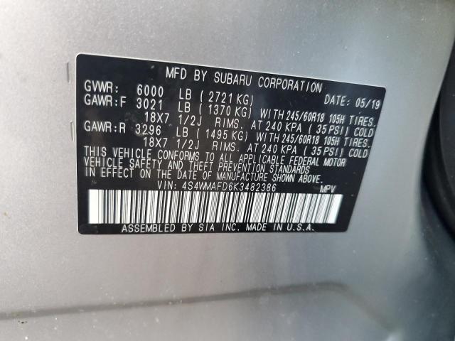 4S4WMAFD6K3482386 - 2019 SUBARU ASCENT PREMIUM SILVER photo 12