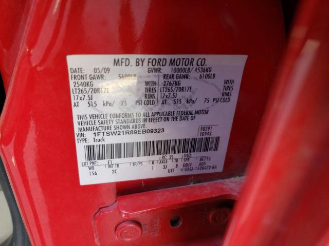 1FTSW21R89EB09323 - 2009 FORD F250 SUPER DUTY RED photo 12