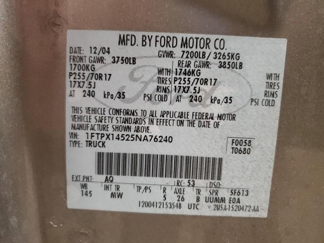 1FTPX14525NA76240 - 2005 FORD F150 TAN photo 12