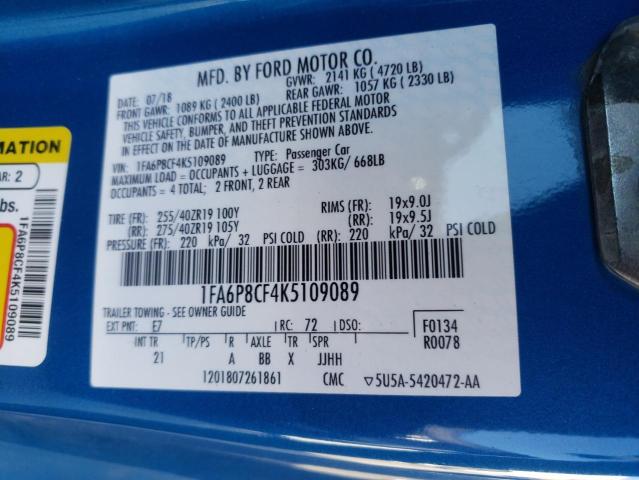 1FA6P8CF4K5109089 - 2019 FORD MUSTANG GT BLUE photo 13