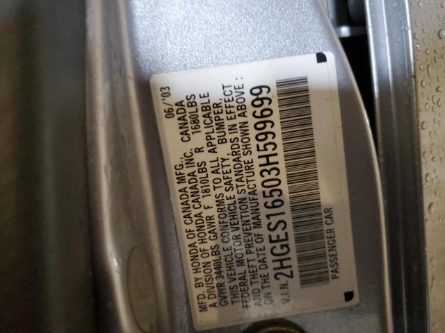 2HGES16503H599699 - 2003 HONDA CIVIC LX SILVER photo 12