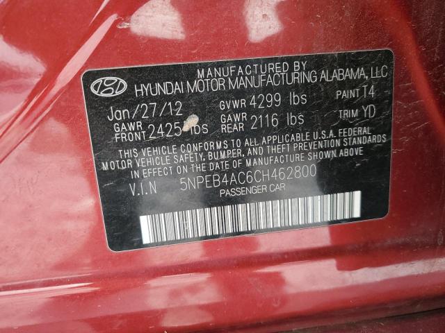 5NPEB4AC6CH462800 - 2012 HYUNDAI SONATA GLS RED photo 12